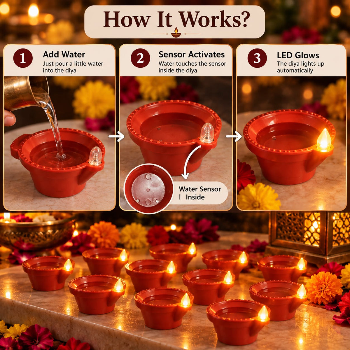 Water LED Sensor Diya – Decorative Diya Set