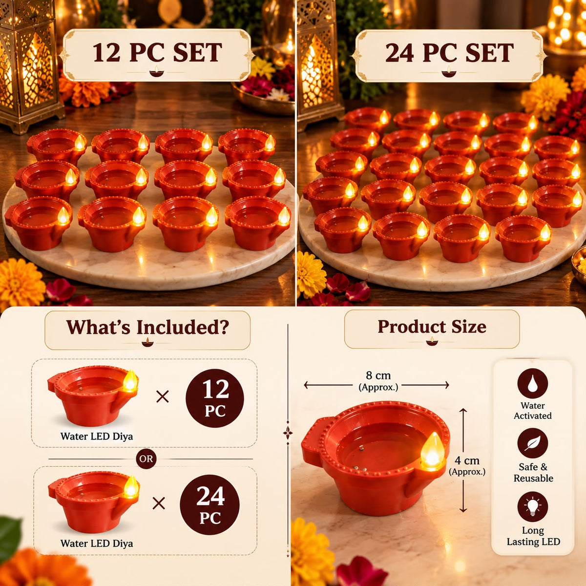 Water LED Sensor Diya – Decorative Diya Set