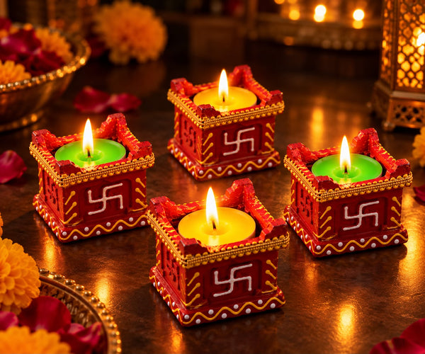 Traditional Red Decorative Tealight Candle Set – 4 Pieces