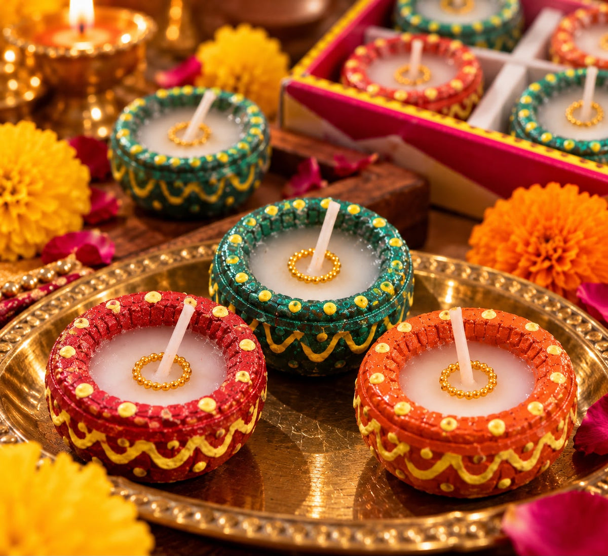 Decorative Round Diya Candle Set – 9 Pieces