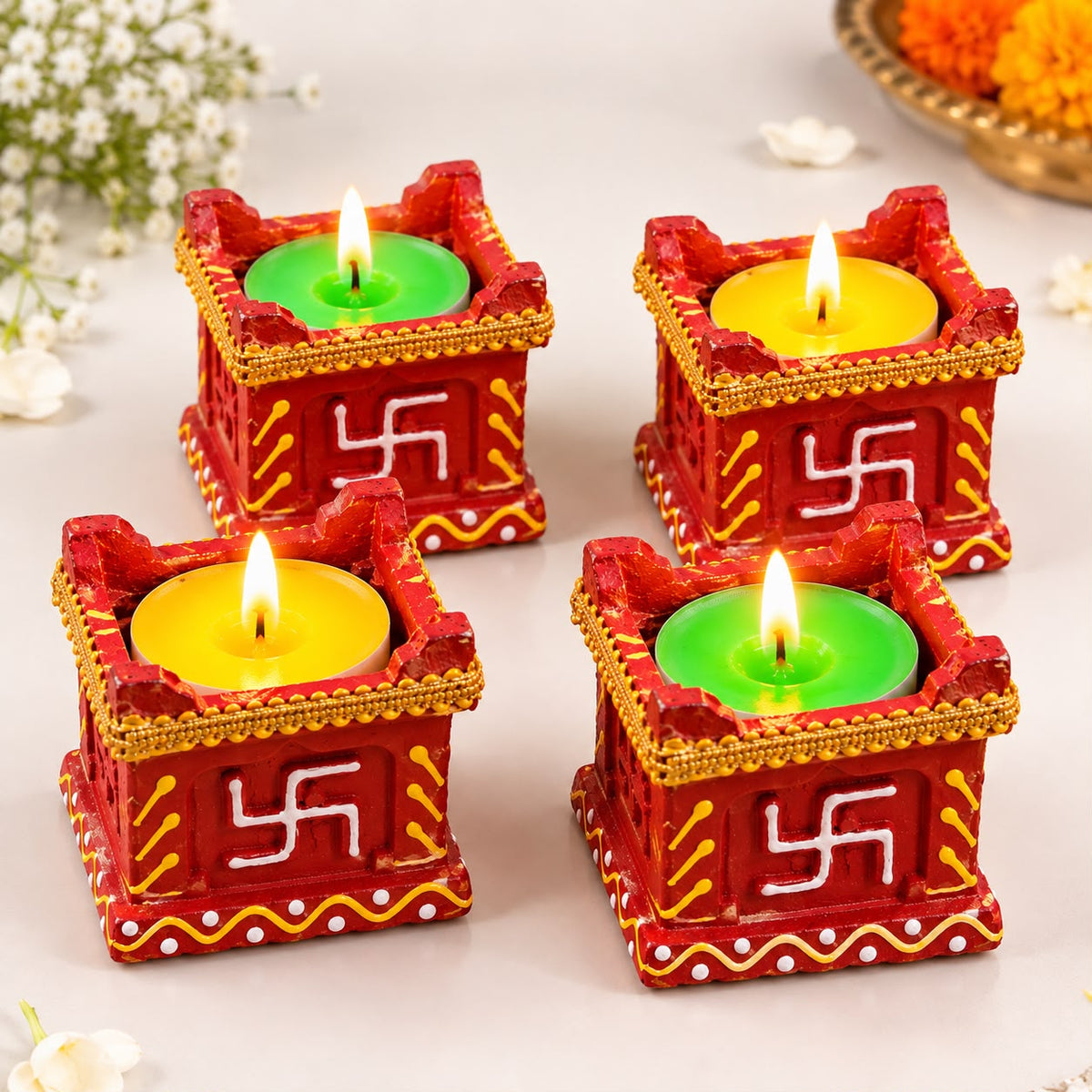 Traditional Red Decorative Tealight Candle Set – 4 Pieces