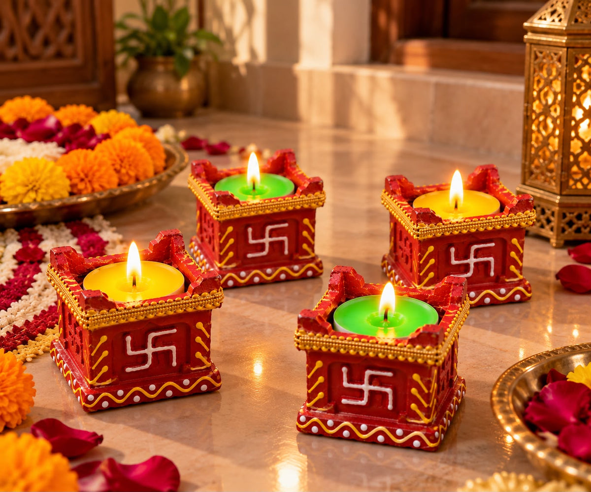 Traditional Red Decorative Tealight Candle Set – 4 Pieces