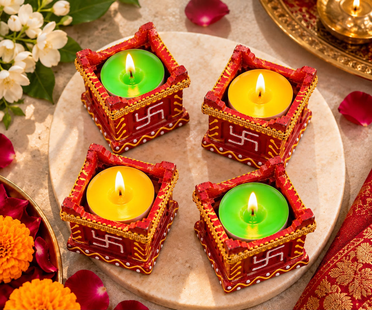Traditional Red Decorative Tealight Candle Set – 4 Pieces
